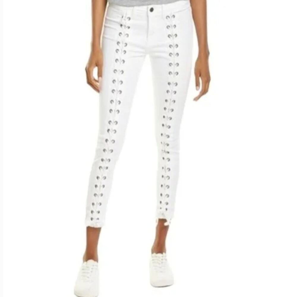NWT Neon Blonde Blondie Lace Up Skinny Jeans 24 White Velvet Ribbon Grommet